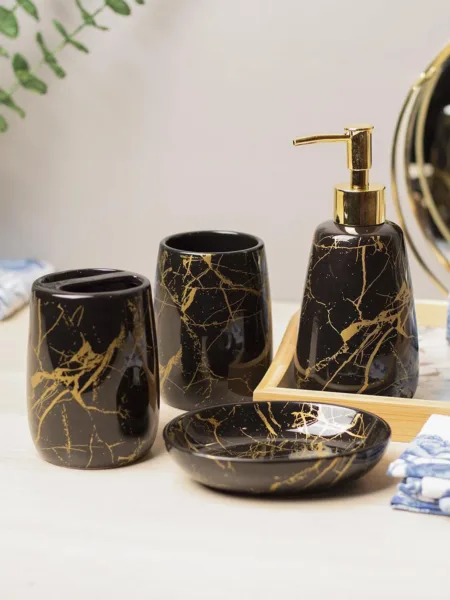 Black Ceramic Bathroom Set Of 4 – Stone Finish, Bath Accessories