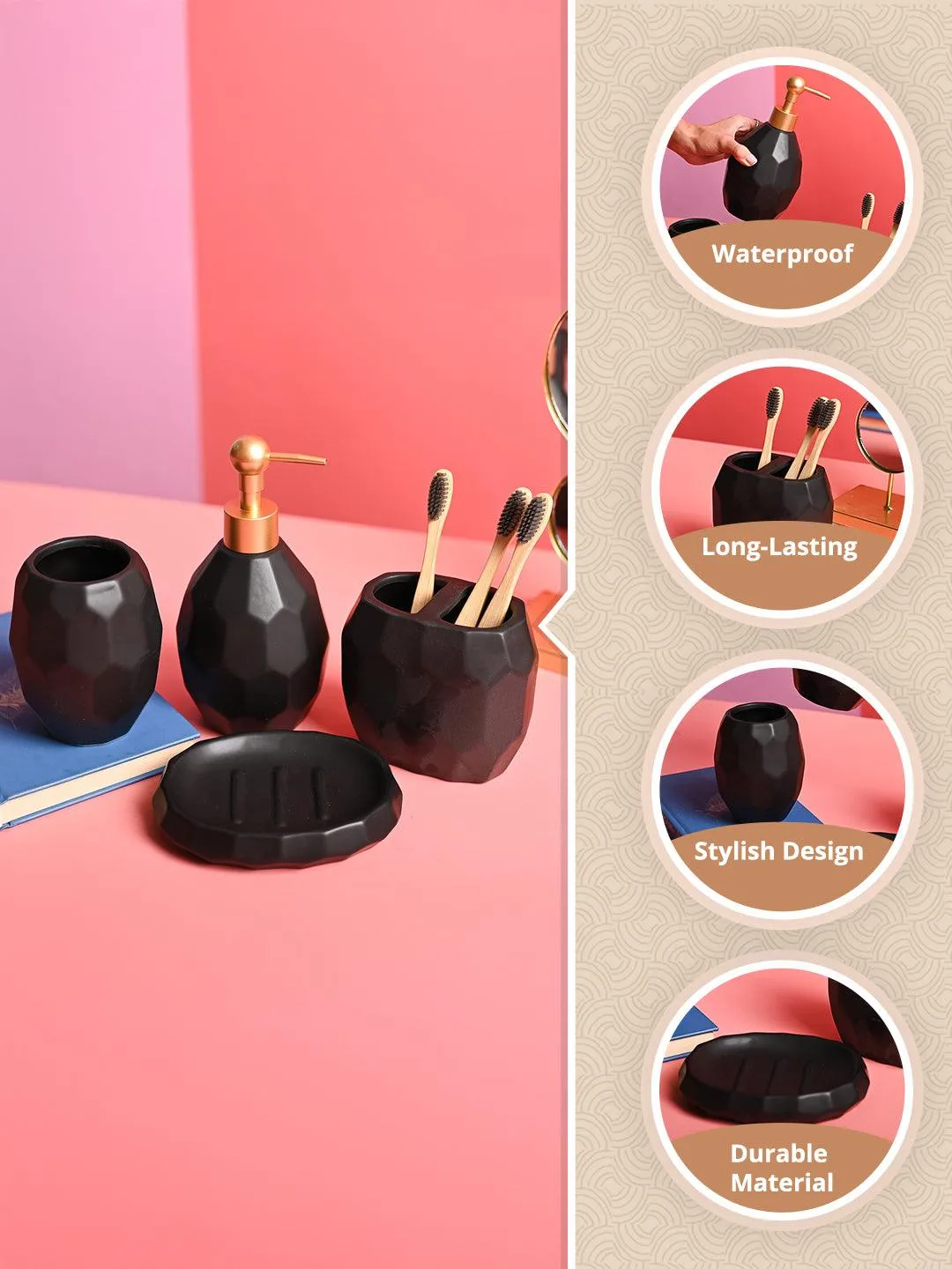 Black Ceramic Soap Dispenser - Set Of 4 - Detailed Feature View 1