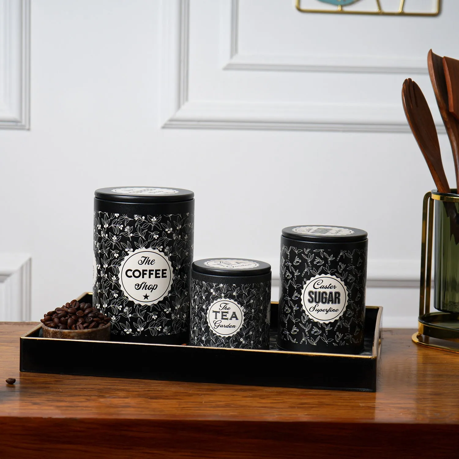 Premium Black Iron Coffee, Tea & Sugar Jar Set of 3 - (Tea - 500 ml, Sugar - 750ml, Coffee - 1000ml) - Buy Online at Alikart