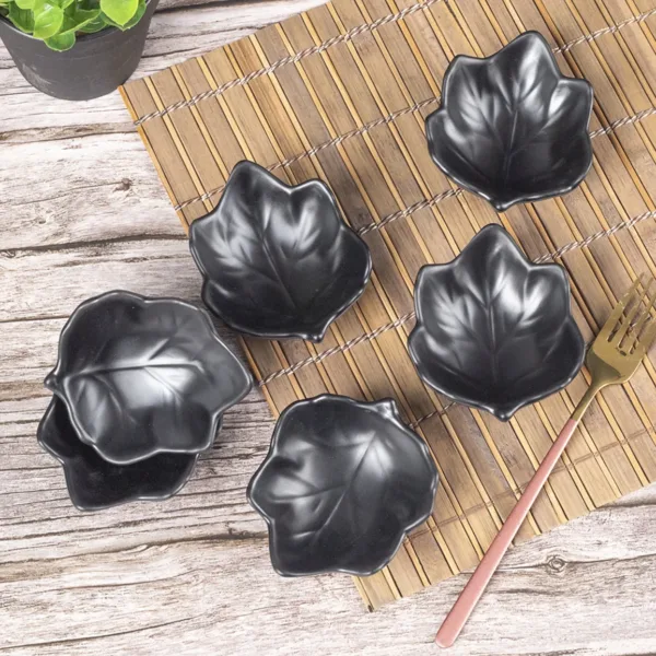 Black Melamine ‘Maple Leaf’ Ultra Mini Bowls, Each 30mL, Set Of 6 Pcs