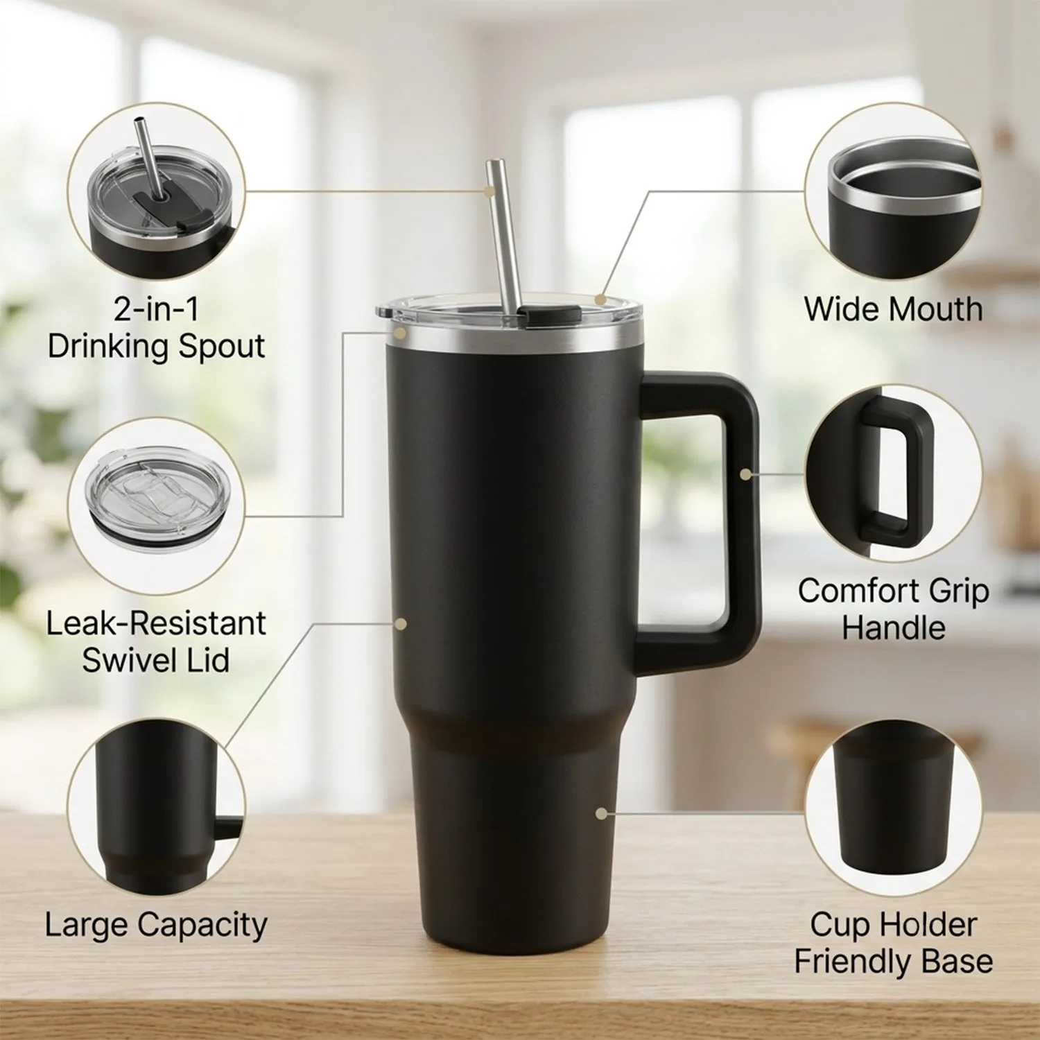 Konvex Hydra Insulated Travel Tumbler 1200 ML with Handle Straw Black (1 Pc) - Detailed Feature View 6