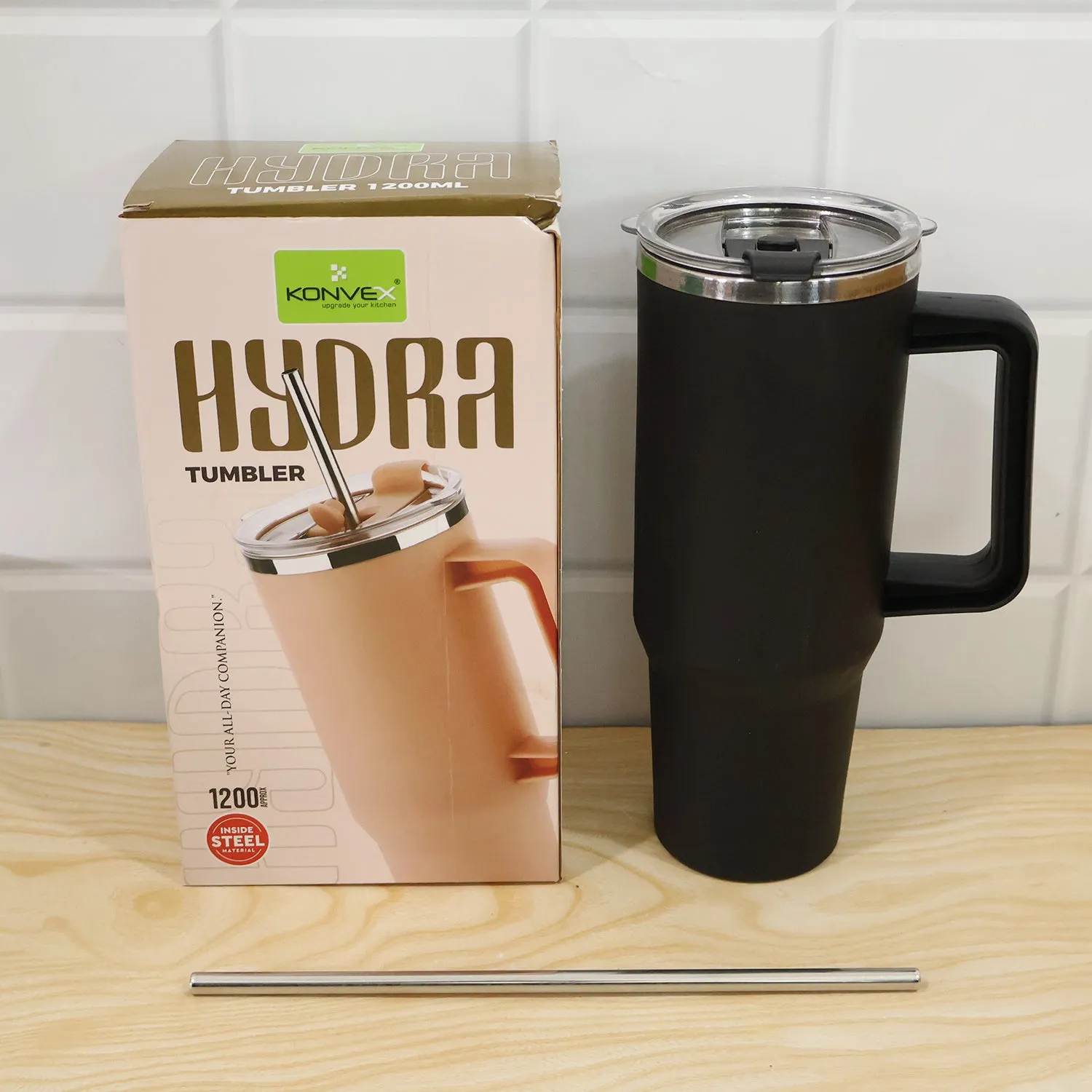 Konvex Hydra Insulated Travel Tumbler 1200 ML with Handle Straw Black (1 Pc) - Detailed Feature View 8