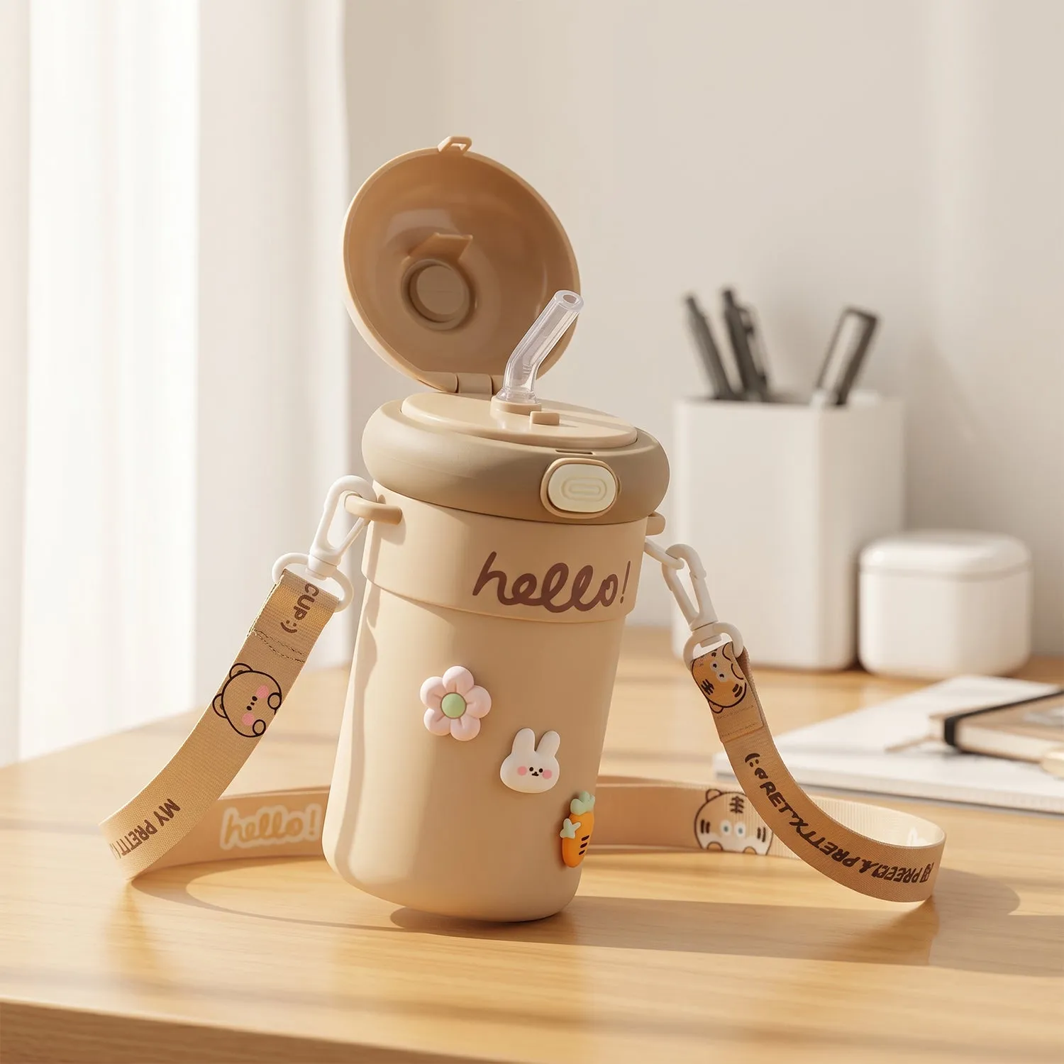 Kids Sipper Water Bottle 450 ml with Bouncing Straw and Carry Strap (1 Pc) - Detailed Feature View 8