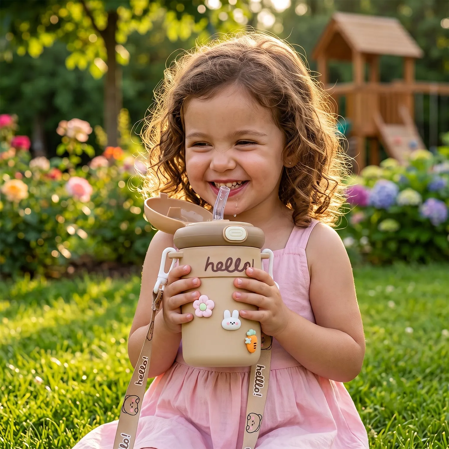 Kids Sipper Water Bottle 450 ml with Bouncing Straw and Carry Strap (1 Pc) - Detailed Feature View 3