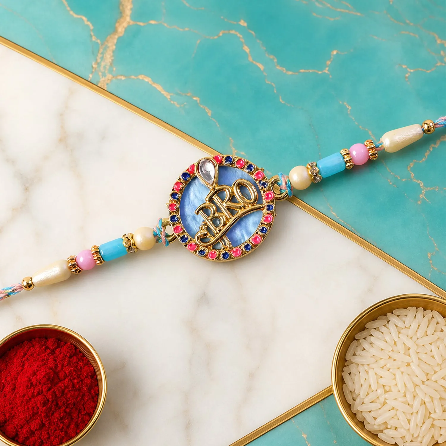 Premium Bro Text Pendant Rakhi with Pink and Navy Kundan Stones - Buy Online at Alikart