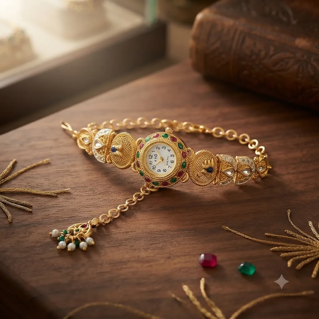 Premium Gold Plated Bracelet Watch for Women Ethnic Ruby Emerald Stone Dial with Peacock Charm - Buy Online at Alikart