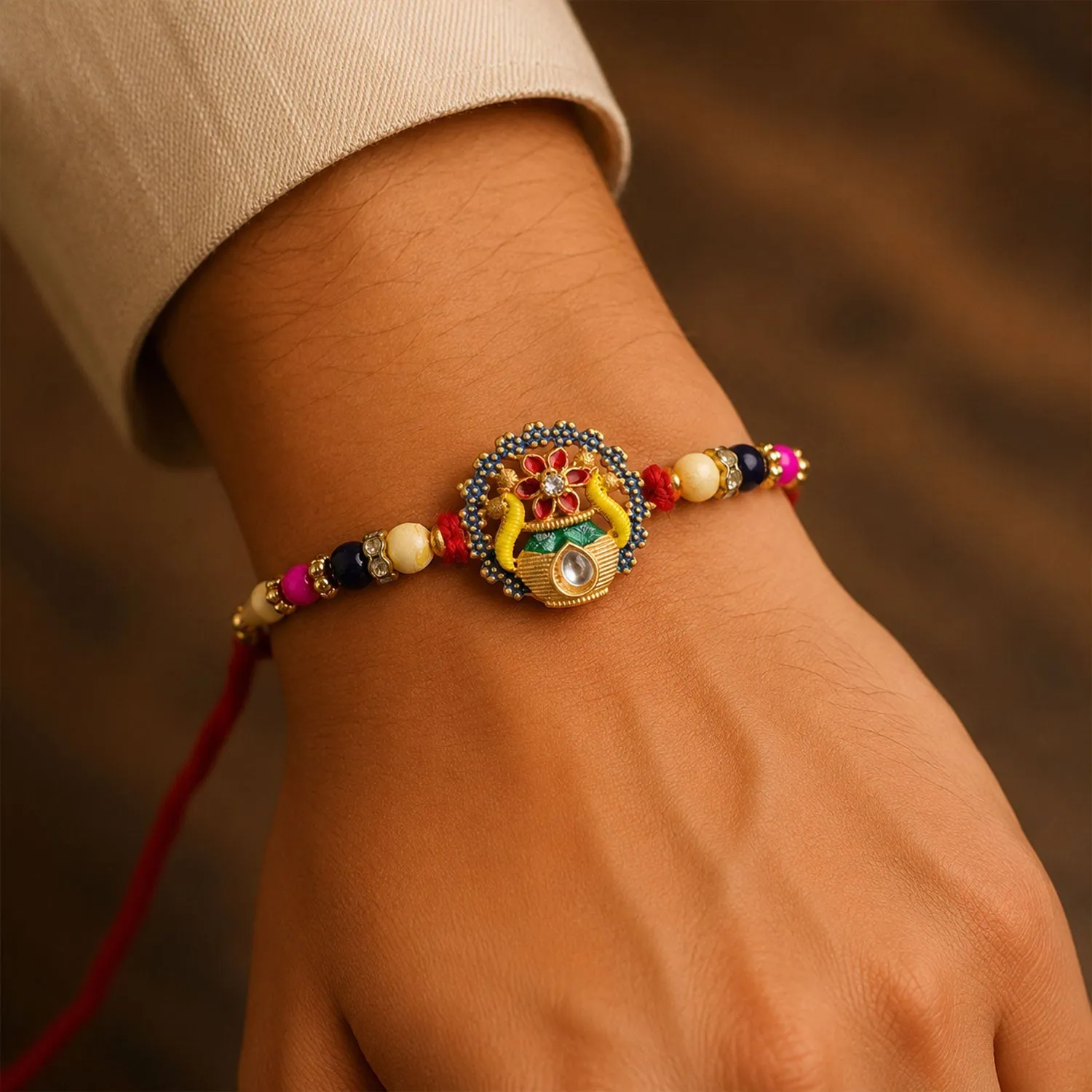 Buy Mangal Kalash Rakhi Kundan Meenakari for Brother - Detailed Feature View 1