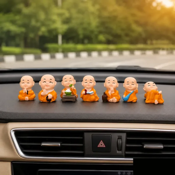 Mini Laughing Monk Figurines Set of 8 Resin Dashboard & Home Decor Statues