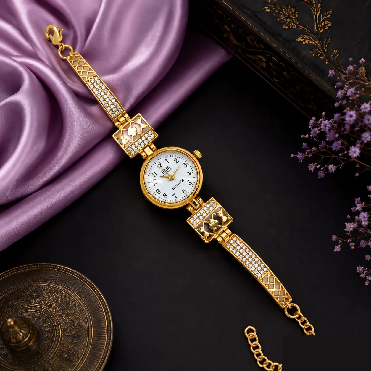 Premium Elegant Gold-Tone Clover & Crystal Bracelet Watch for Women – Luxury Analog Wrist Watch with White Dial - Buy Online at Alikart