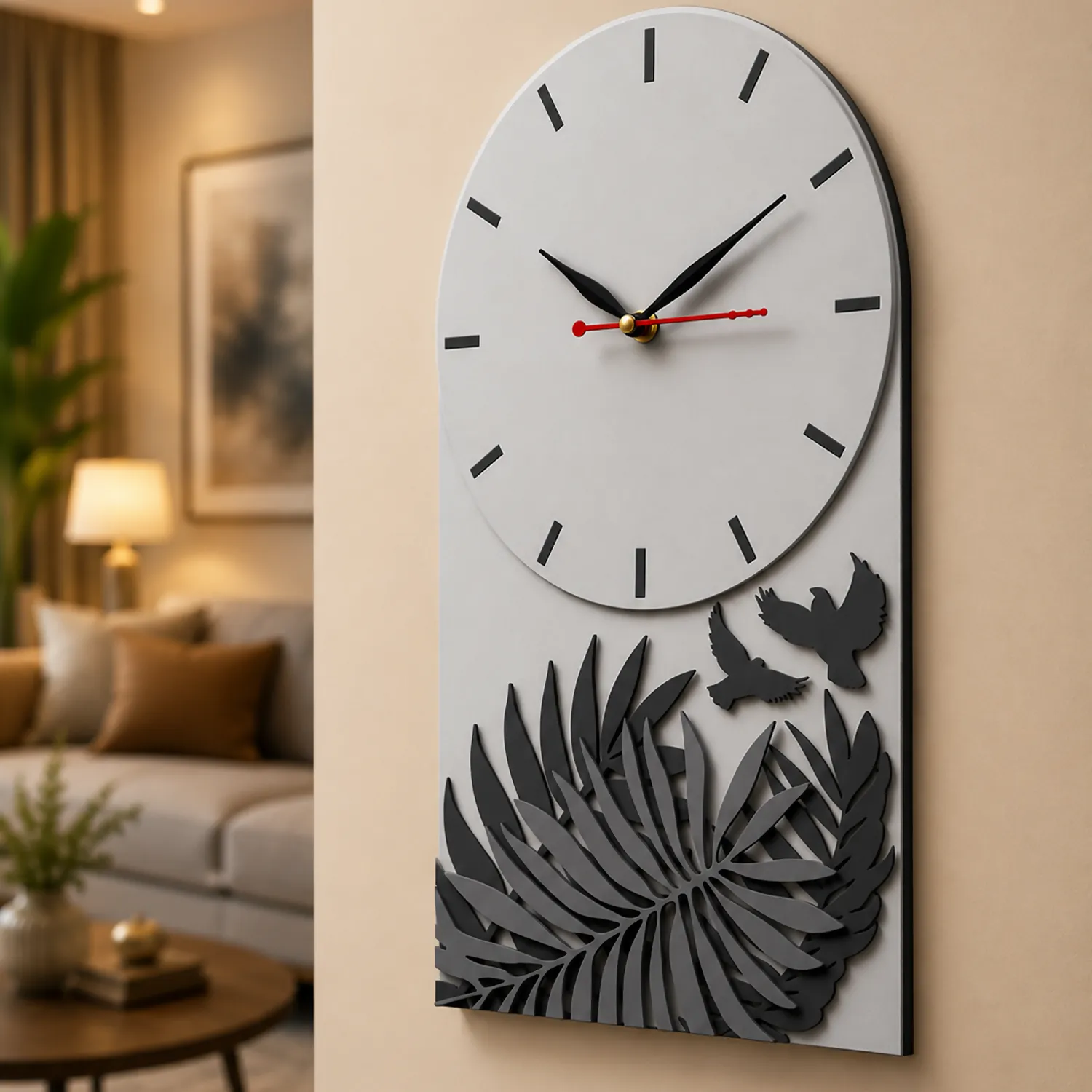 Premium Grey Botanical Designer Silent Wall Clock | Minimalist Decorative Wooden Clock for Living Room, Bedroom & Office - Detailed Feature View 1