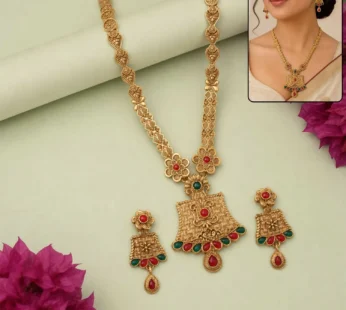 Antique Gold Plated Floral Necklace Set with Red Green Stone Pendant Design