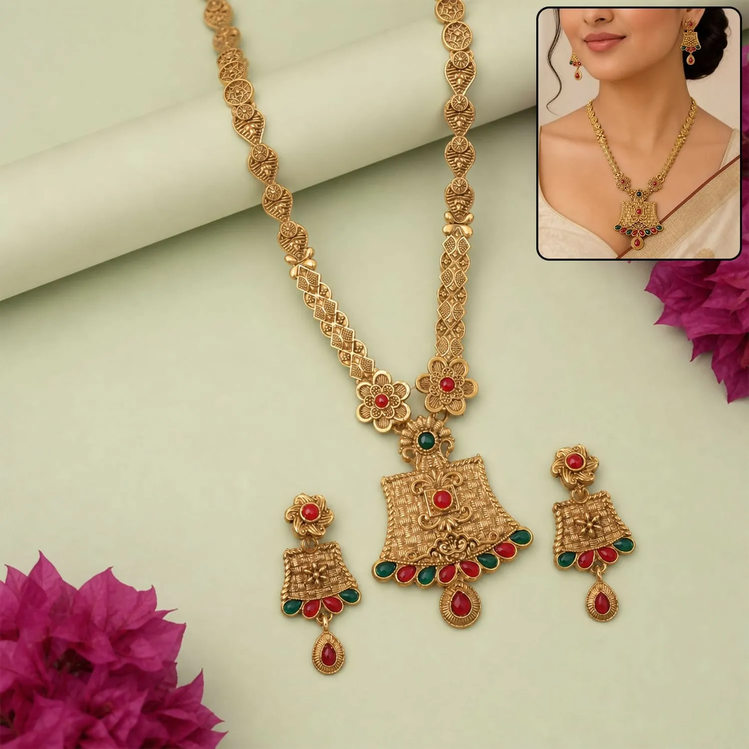Premium Antique Gold Plated Floral Necklace Set with Red Green Stone Pendant Design - Buy Online at Alikart