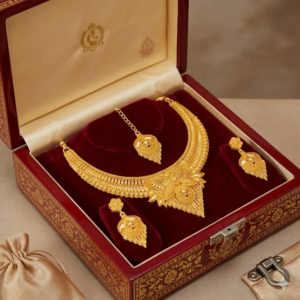 Royal Gold-Tone Statement Necklace Set with Drop Earrings and Maang Tikka for Women - Detailed Feature View 4