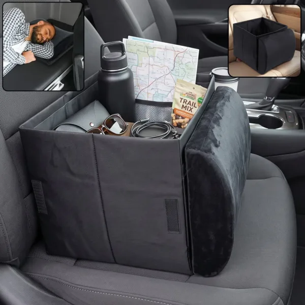 Foldable Car Organizer Box, Front Seat Storage with Fold-Out Armrest Cushion (1 Pc)