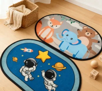 Cartoon Print Oval Mat – Soft, Non-Slip Floor Rug for Kids Room, Bathroom & Bedroom (Random Design- 60×35 cm)