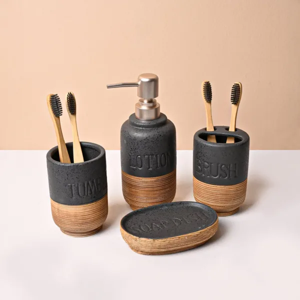 Ceramic Bathroom Set of 4 – Black & Brown Wooden Elegance