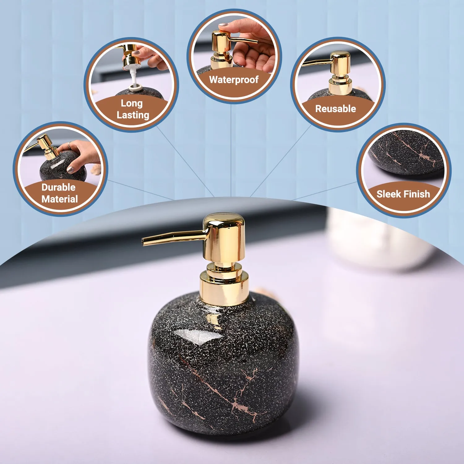Ceramic Black Cylindrical Soap Dispenser - Glossy Finish - Detailed Feature View 1
