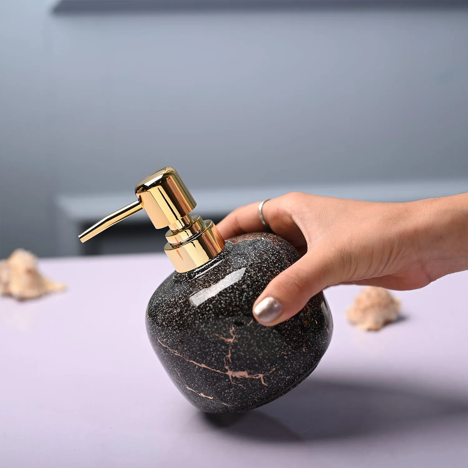 Ceramic Black Cylindrical Soap Dispenser - Glossy Finish - Detailed Feature View 2