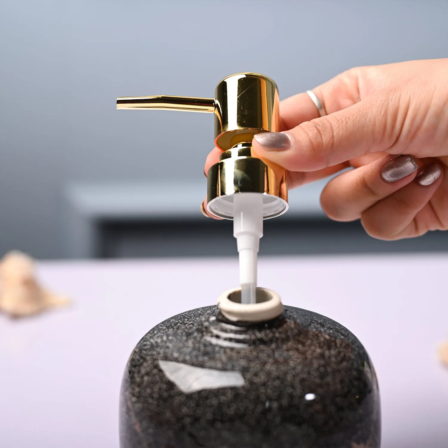 Ceramic Black Cylindrical Soap Dispenser - Glossy Finish - Detailed Feature View 3