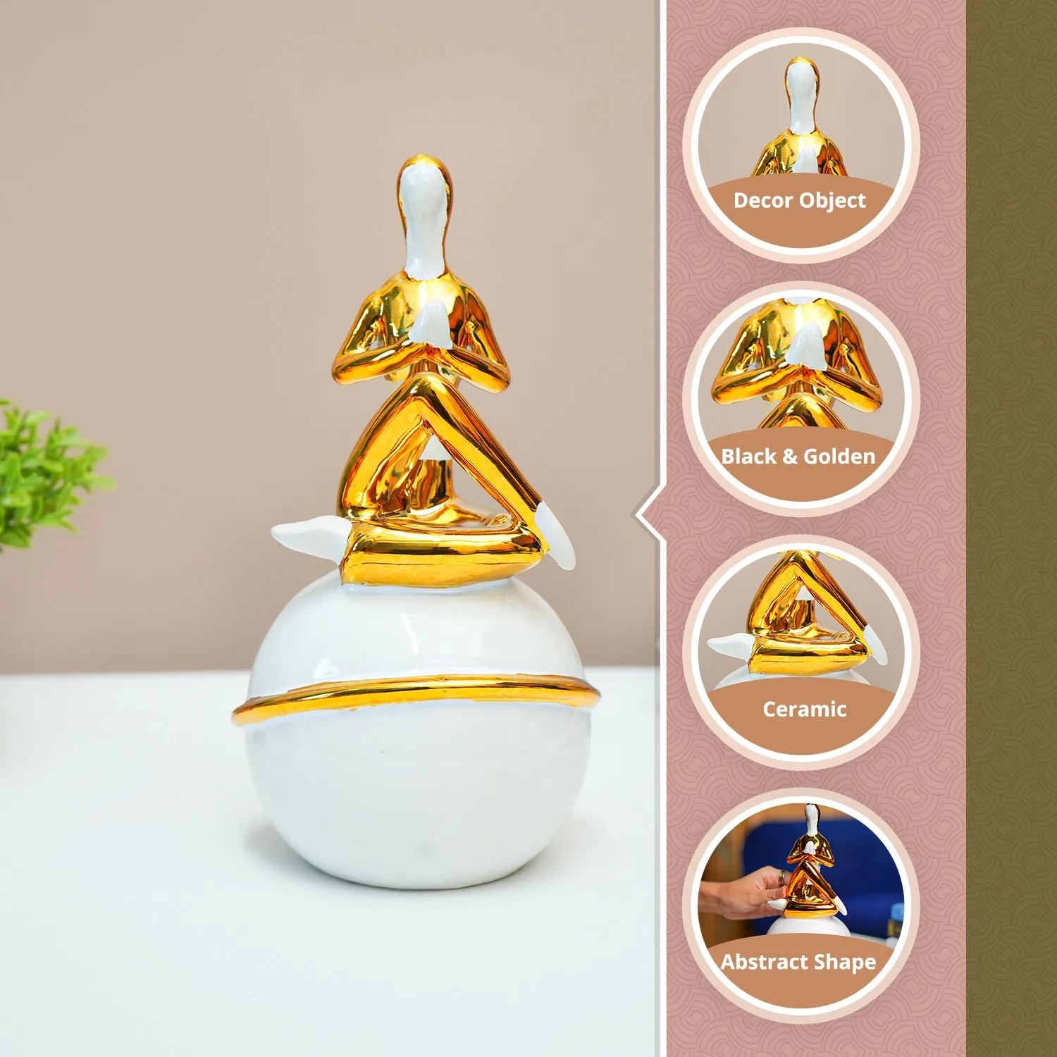 Ceramic Decor Object Abstract Posture Figurine in White & Golden - Detailed Feature View 1
