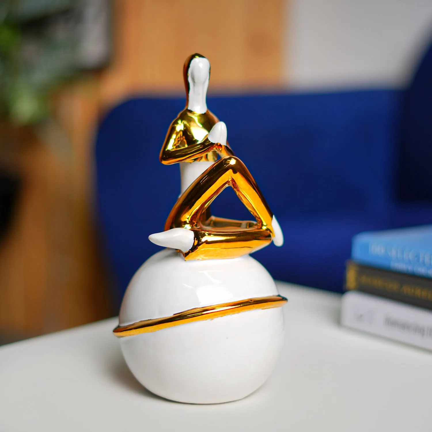 Ceramic Decor Object Abstract Posture Figurine in White & Golden - Detailed Feature View 3