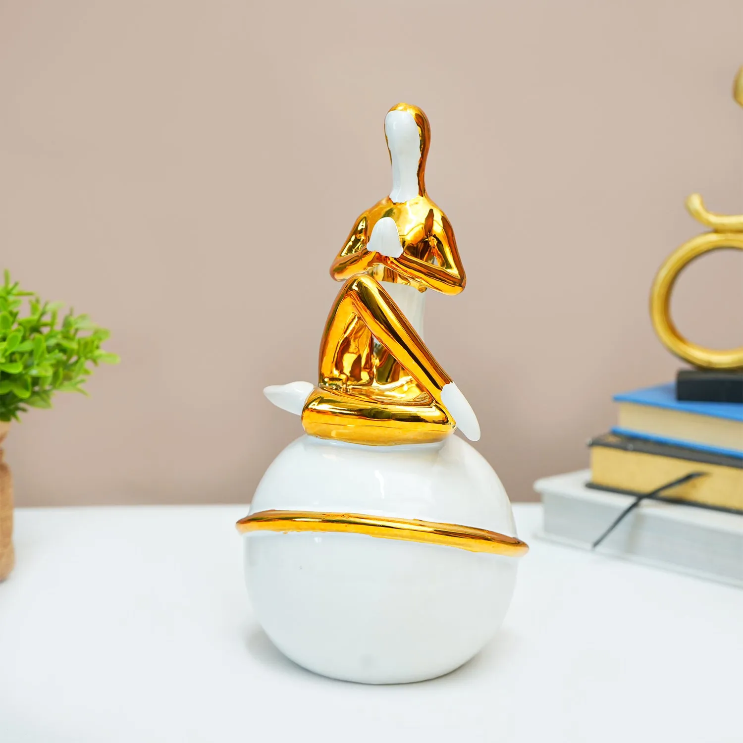 Ceramic Decor Object Abstract Posture Figurine in White & Golden - Detailed Feature View 5