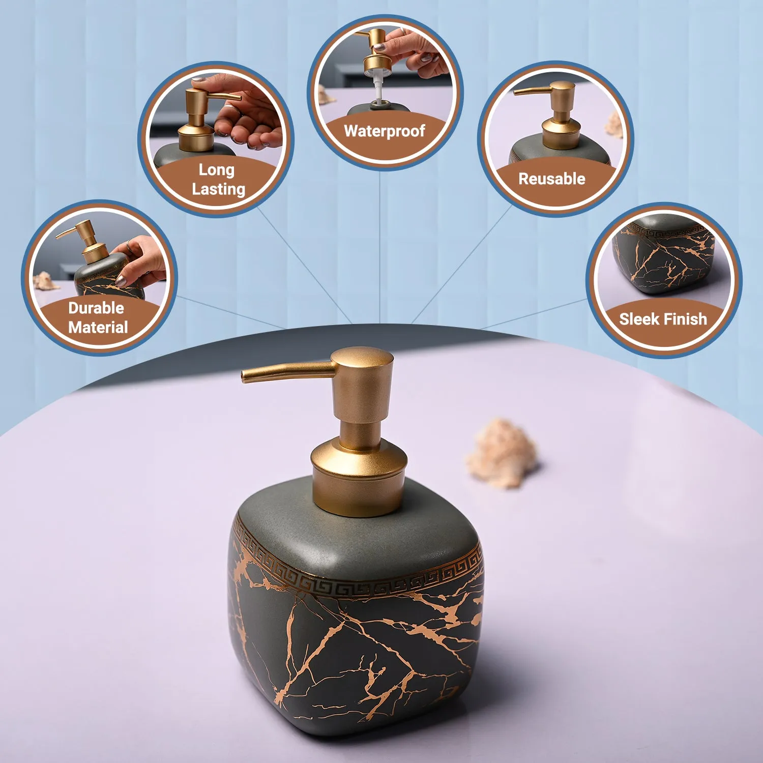 Ceramic Grey Cylindrical Soap Dispenser - Static Glossy Finish - Detailed Feature View 1