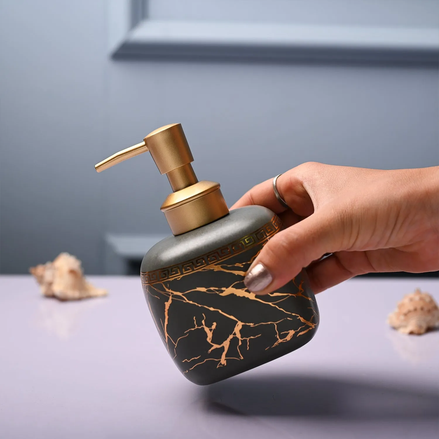 Ceramic Grey Cylindrical Soap Dispenser - Static Glossy Finish - Detailed Feature View 2