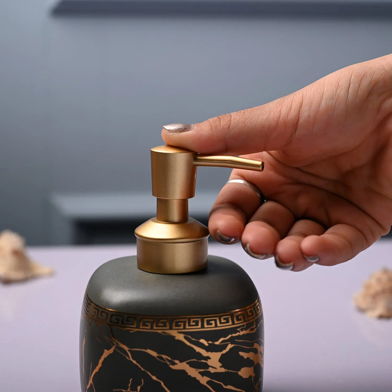 Ceramic Grey Cylindrical Soap Dispenser - Static Glossy Finish - Detailed Feature View 3