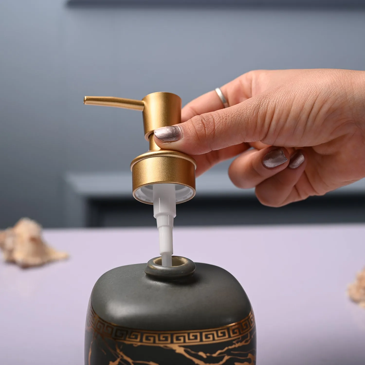 Ceramic Grey Cylindrical Soap Dispenser - Static Glossy Finish - Detailed Feature View 4
