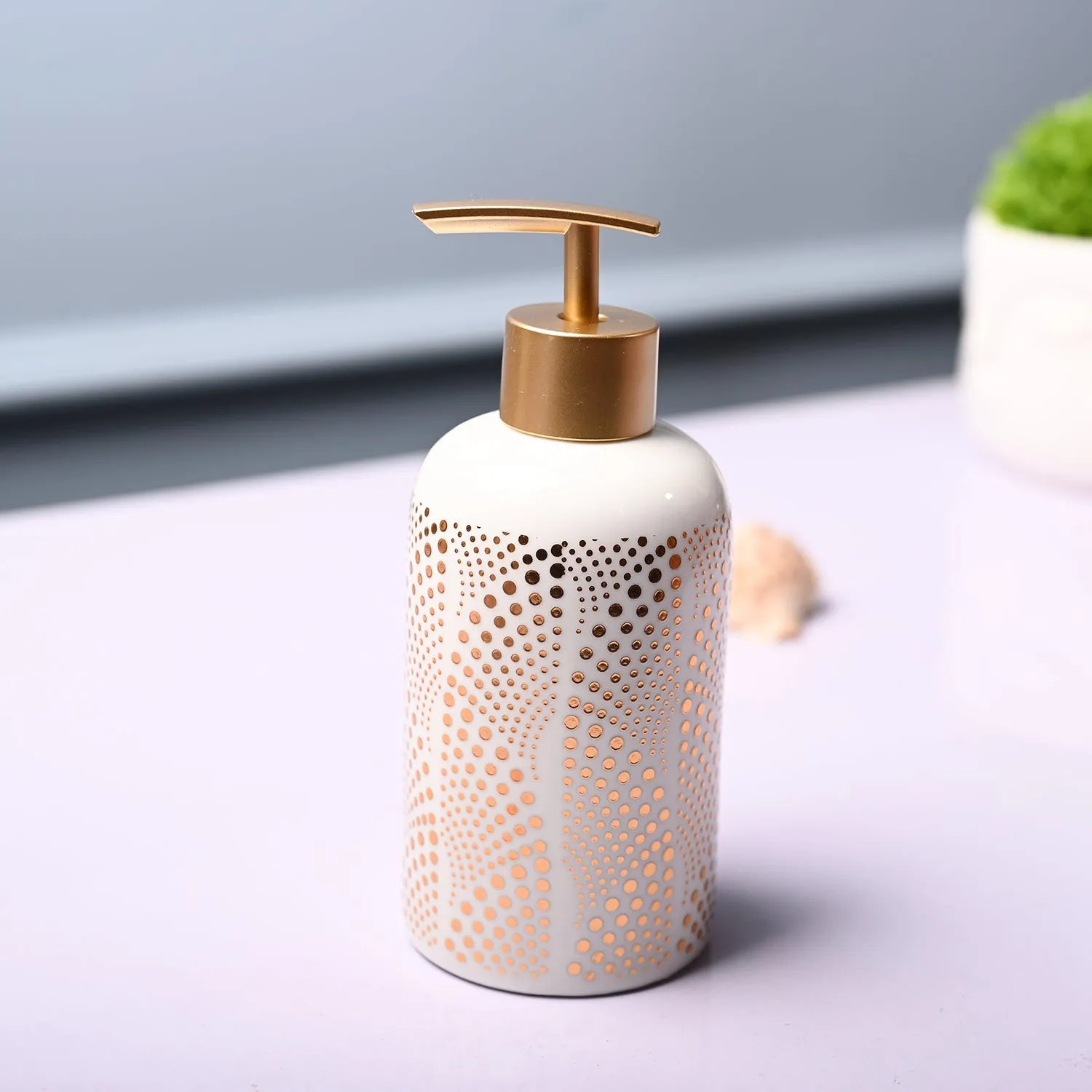 Ceramic Off White Cylindrical Soap Dispenser – Dot Design Glossy Finish