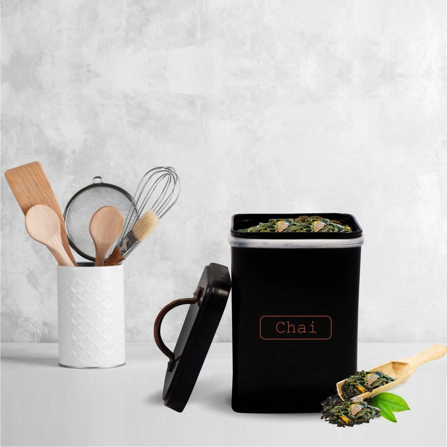Chai Jar, Kitchen Decorative, Countertop Metal Storage Jar, Black, Mild Steel | (1 Litre) - Detailed Feature View 3