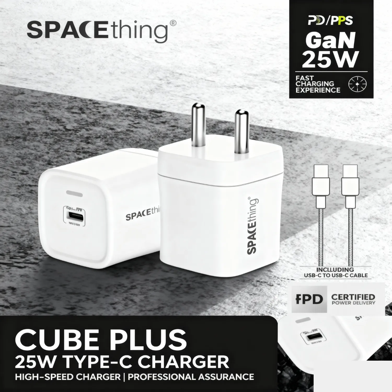 SPACEthing Cube Plus 25W GAN Fast Wall Charger with Type-C to Type-C Cable – Compact Power Adapter - Detailed Feature View 1