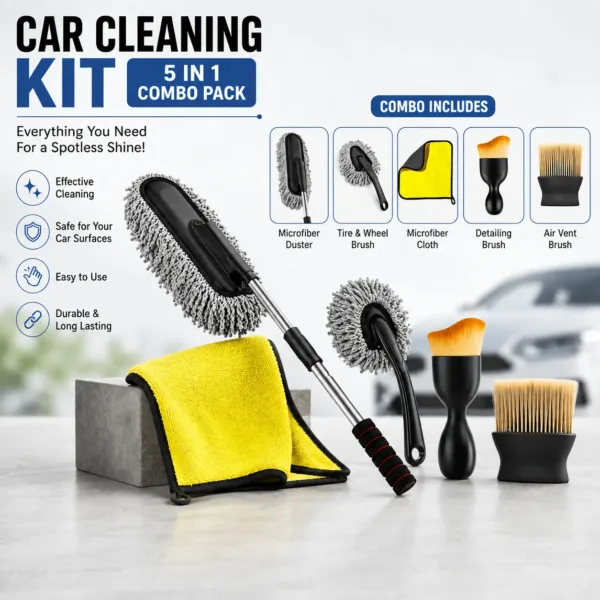 5 PCS Microfiber Car Duster Kit Interior & Exterior Car Cleaning Detailing Tool Scratch & Lint Free, Pollen Removing Extendable Long Handle