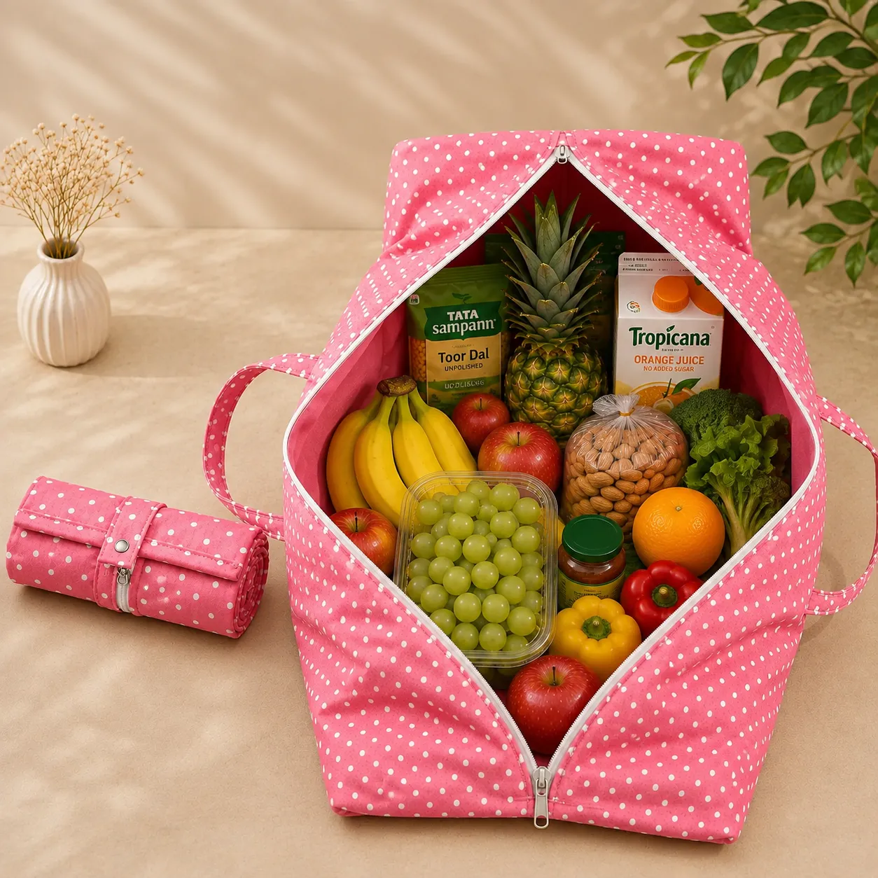Multipurpose Foldable Cotton Storage Bag with Zipper & Handles | Spacious Organizer Bag for Clothes, Laundry & Household Items (Random Print) - Detailed Feature View 1