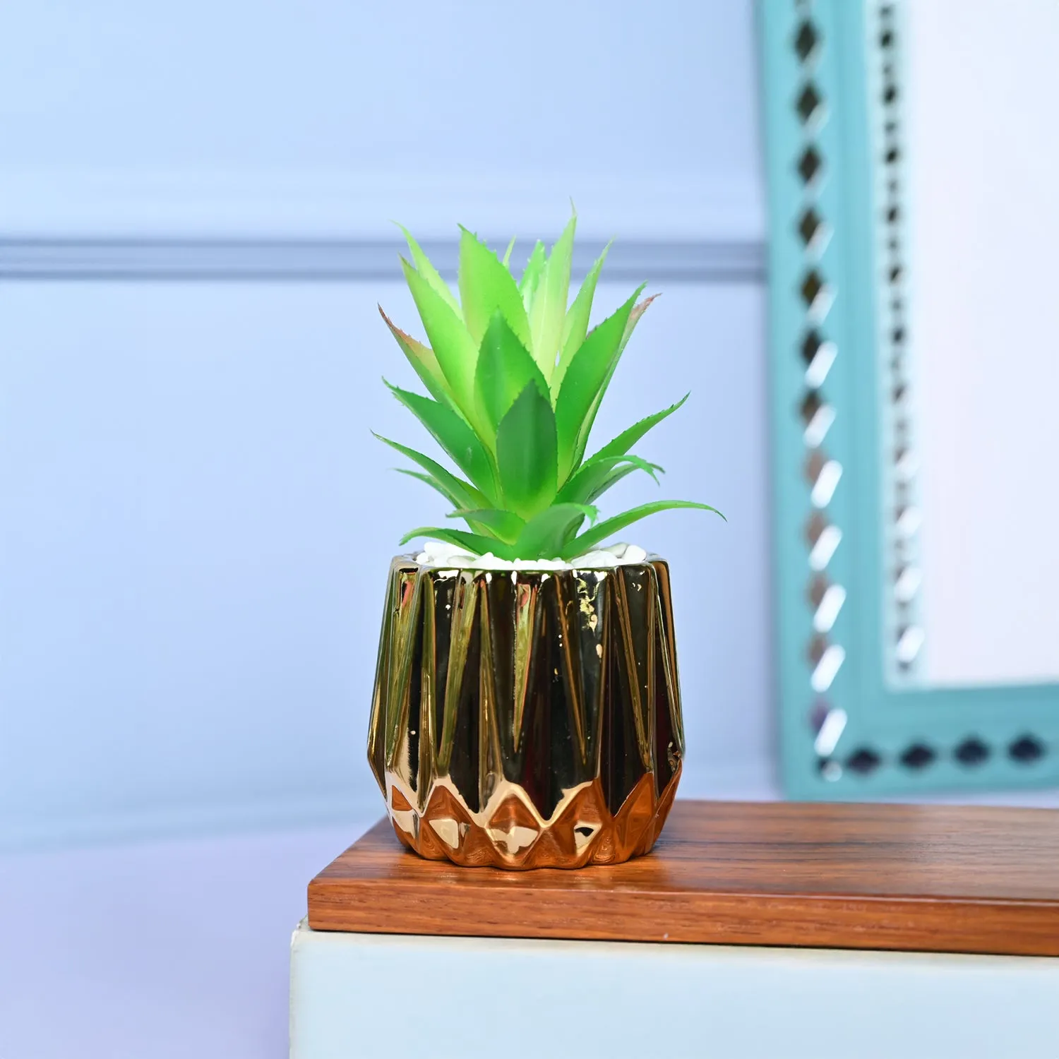 Chic & Glossy – Zigzag Design Faux Plant with Ceramic Pot