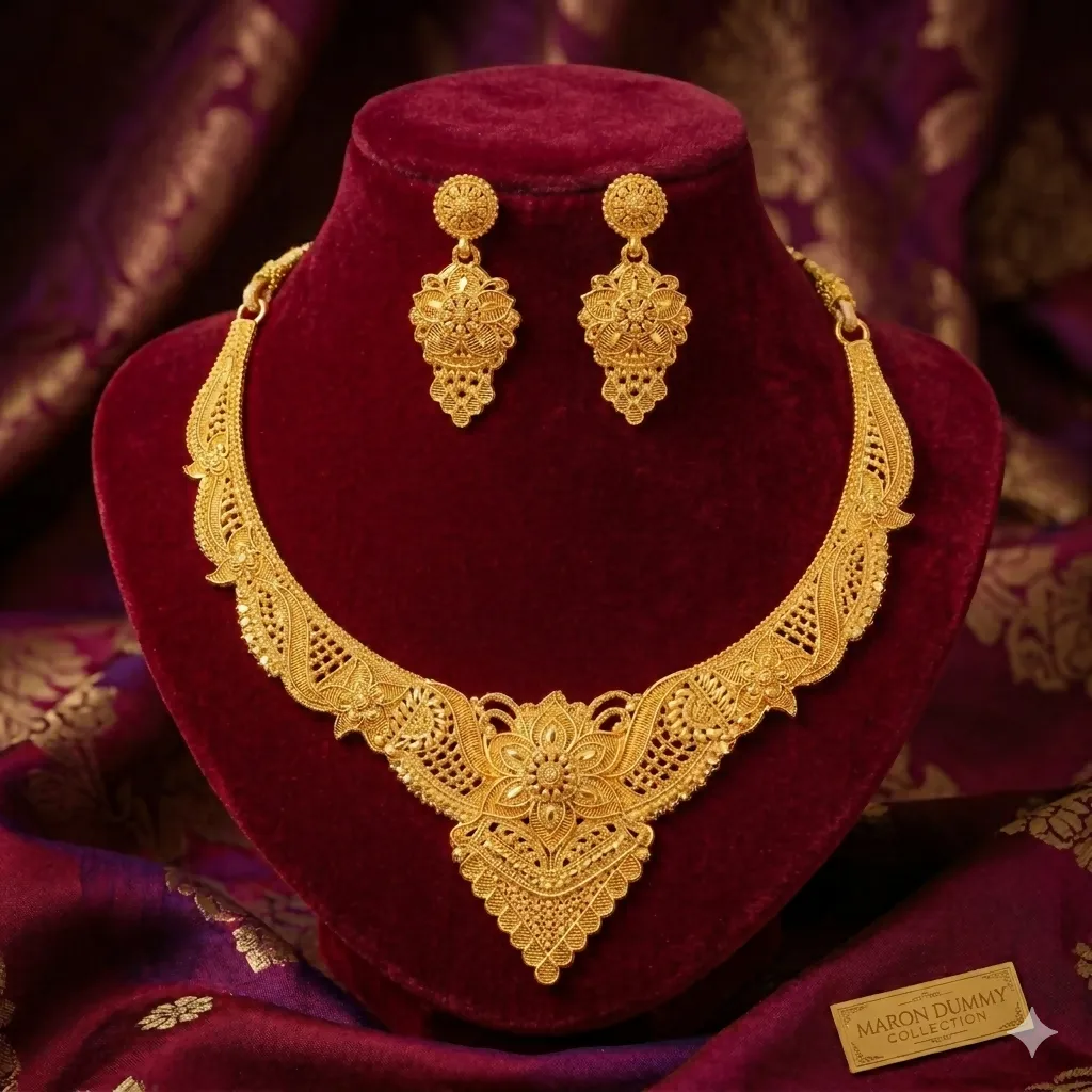 Premium Gold-Tone Floral Necklace with Matching Earrings for Wedding & Festive Wear - Buy Online at Alikart