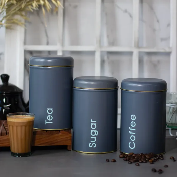 Coffee, Tea & Sugar – Metal Jar Set Of 3, Grey Color, 1450Ml
