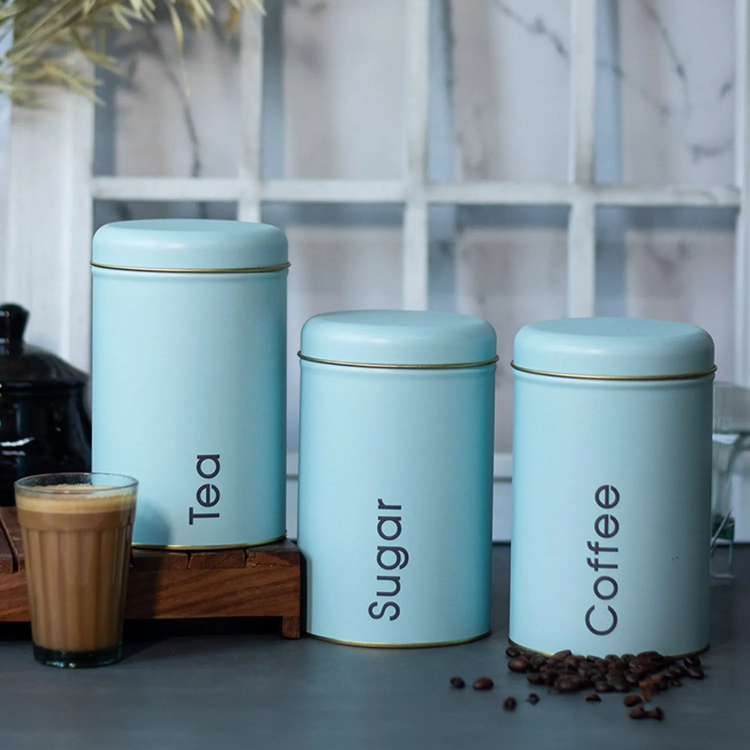 Premium Coffee, Tea & Sugar - Metal Jar Set Of 3, Turquoise Color, 1250Ml - Buy Online at Alikart