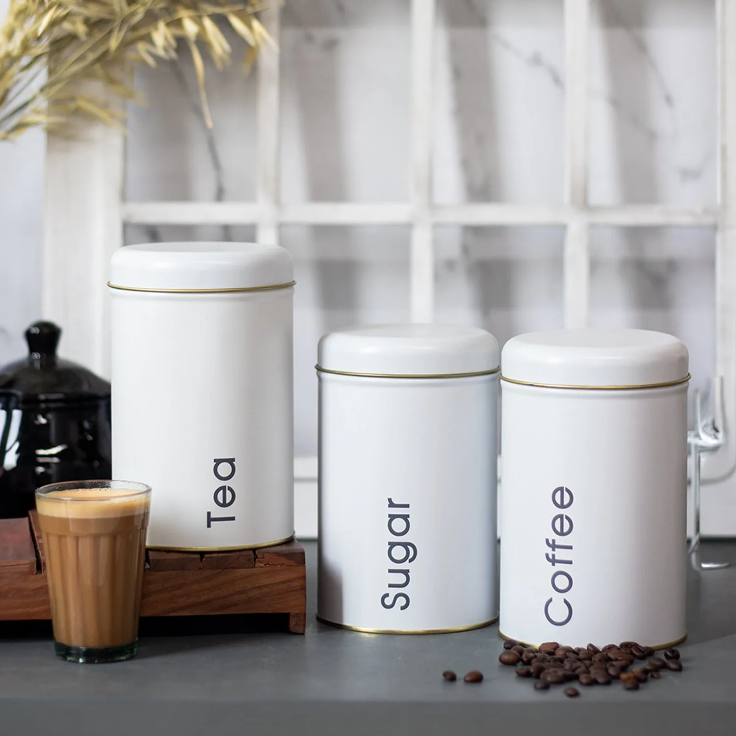 Premium Coffee, Tea & Sugar - Metal Jar Set Of 3, White Color, 1000Ml - Buy Online at Alikart