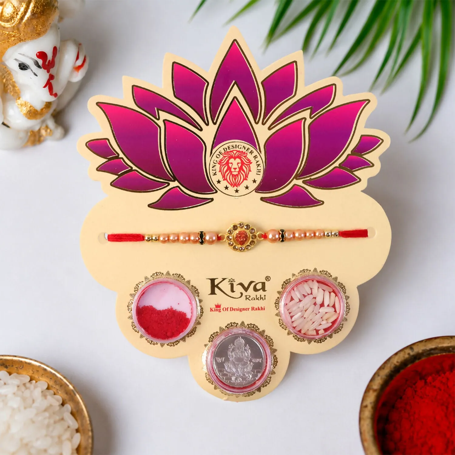 Premium Designer Royal Lion Kundan Floral Rakhi with Peach Pearl Beads Roli Chawal Coin Set - Buy Online at Alikart