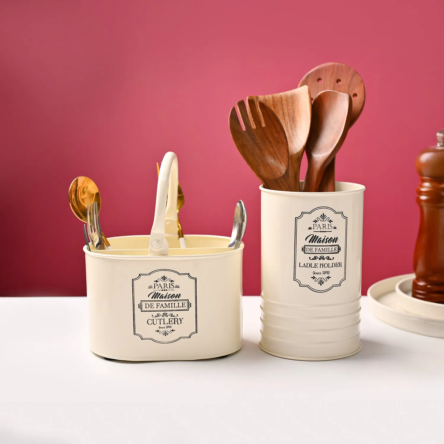 Premium Cutlery & Ladle Holder Set – Ivory | Plain Design, Glossy Finish - Buy Online at Alikart