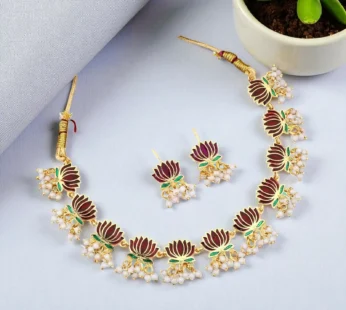 Gold-Toned maroon-Green Enamel Lotus & Pearl Choker Set