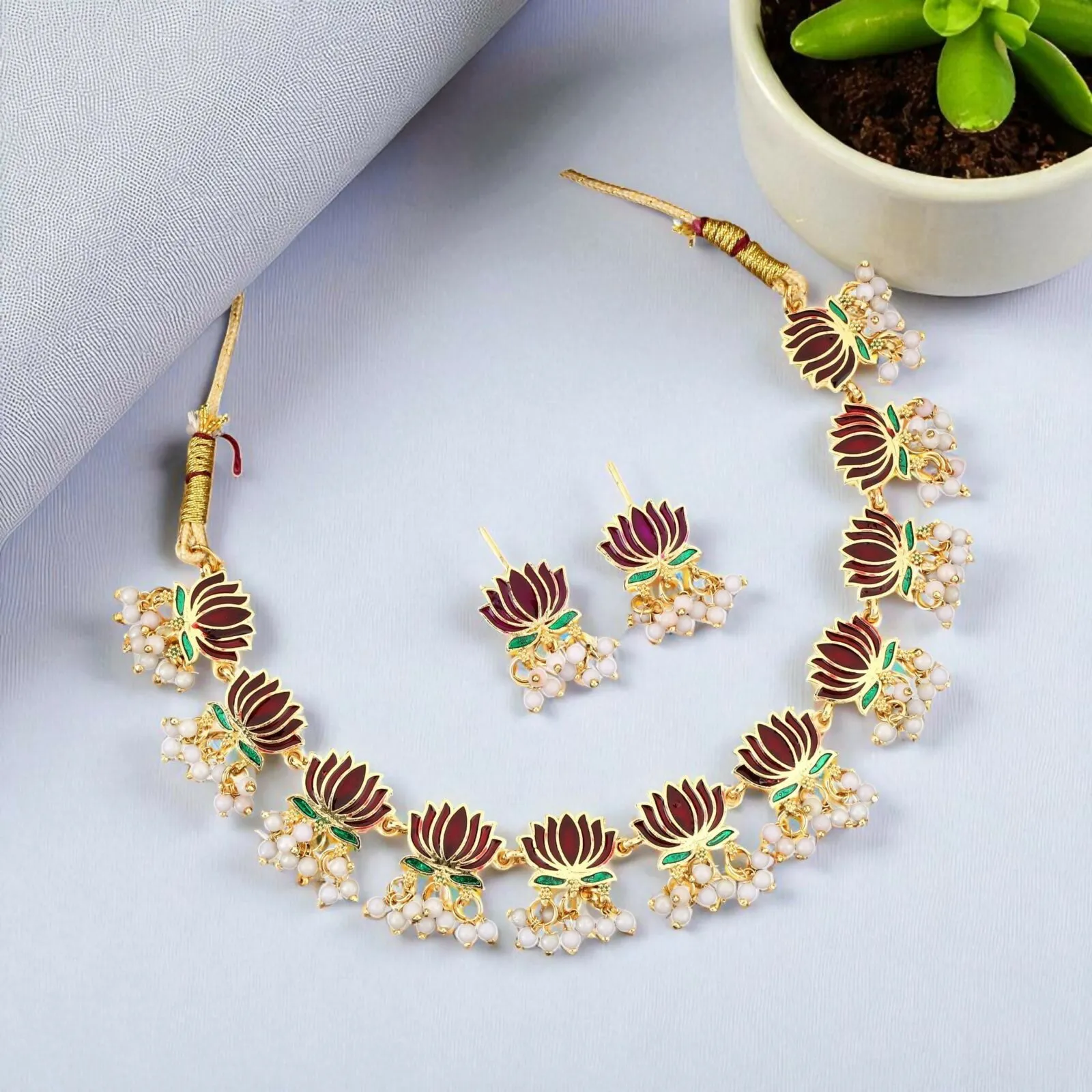 Premium Gold-Toned maroon-Green Enamel Lotus & Pearl Choker Set - Buy Online at Alikart