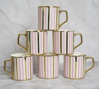 Decorative Pink Gold Line Ceramic Tea and Coffee Mugs, (180 ml, Golden) – 6 Pcs Set (NOT Microwave Safe)