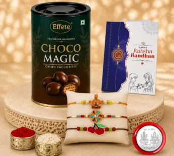 Deity Rakhi for Brother with Chocolate Magic 96gm, Roli Tikka & Card, Pack of 7
