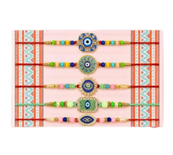 Designer Charming Rakhi for Brother with Roli Tikka, Pooja Coin & Card, Pack of 8