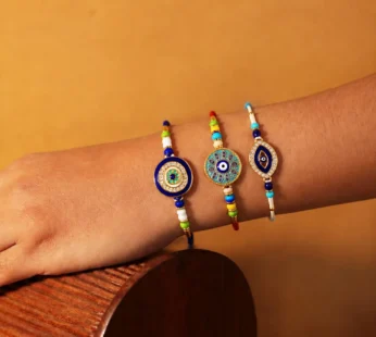 Designer Elegant Multicolor Evil Eye Rakhi for Brother with Roli Tikka, Pack of 6