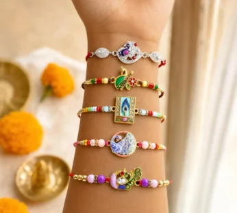 Designer Gorgeous Rakhi for Brother with Roli Tikka, Pooja Coin & Card, Pack of 8