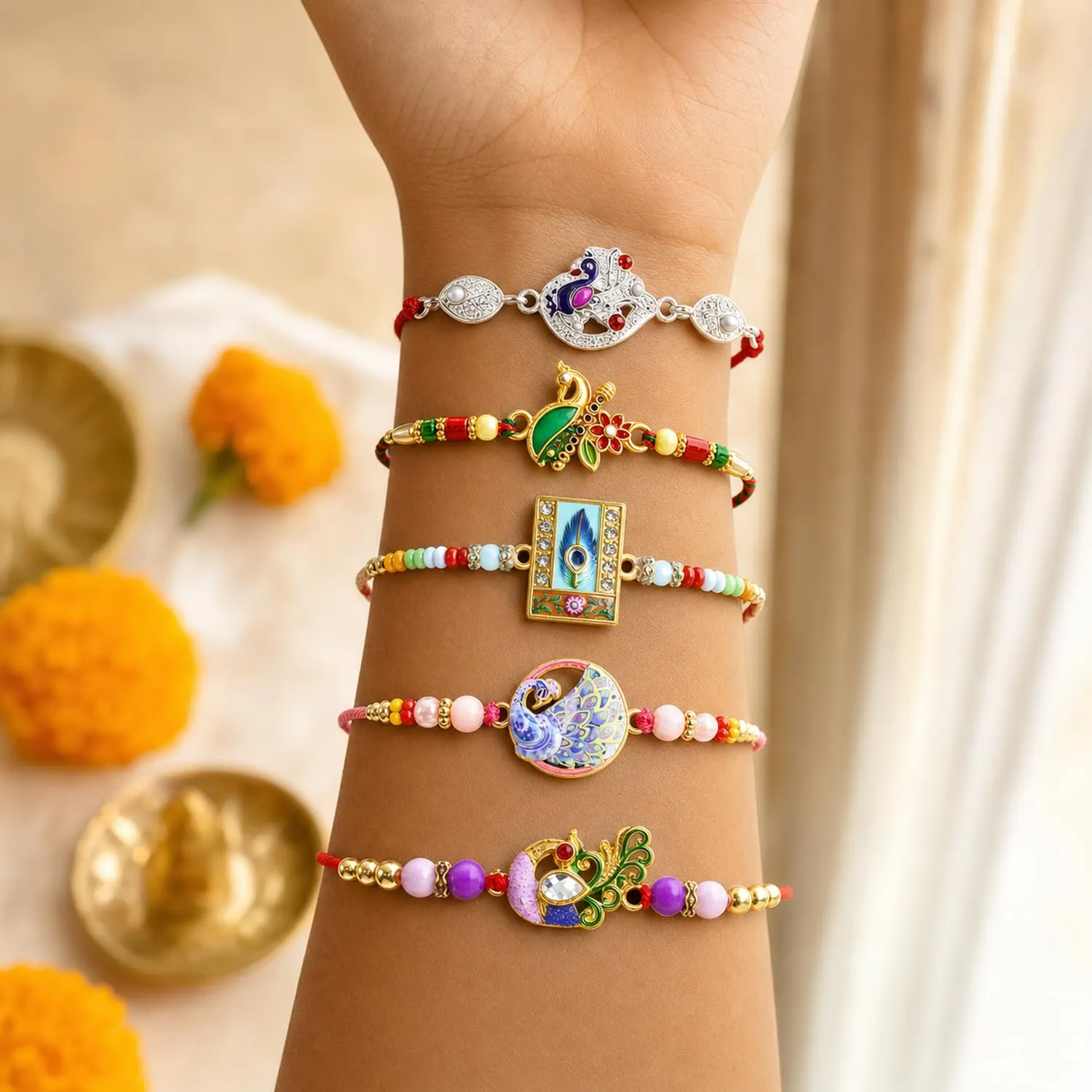 Premium Designer Gorgeous Rakhi for Brother with Roli Tikka, Pooja Coin & Card, Pack of 8 - Buy Online at Alikart